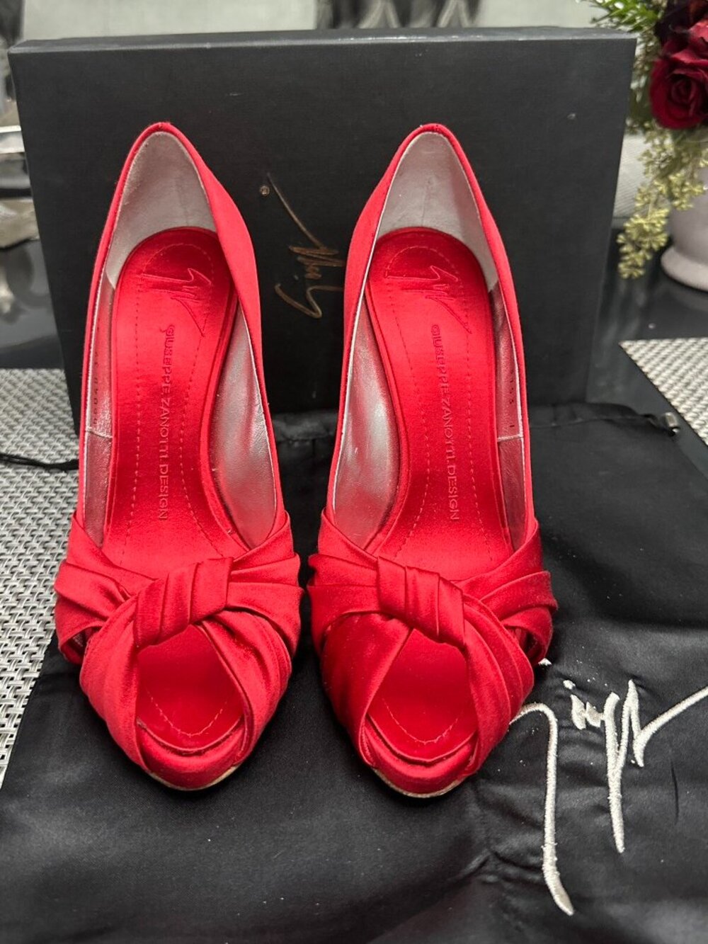 Giuseppe Zanotti Red Satin Criss Cross Peep Toe Pumps
